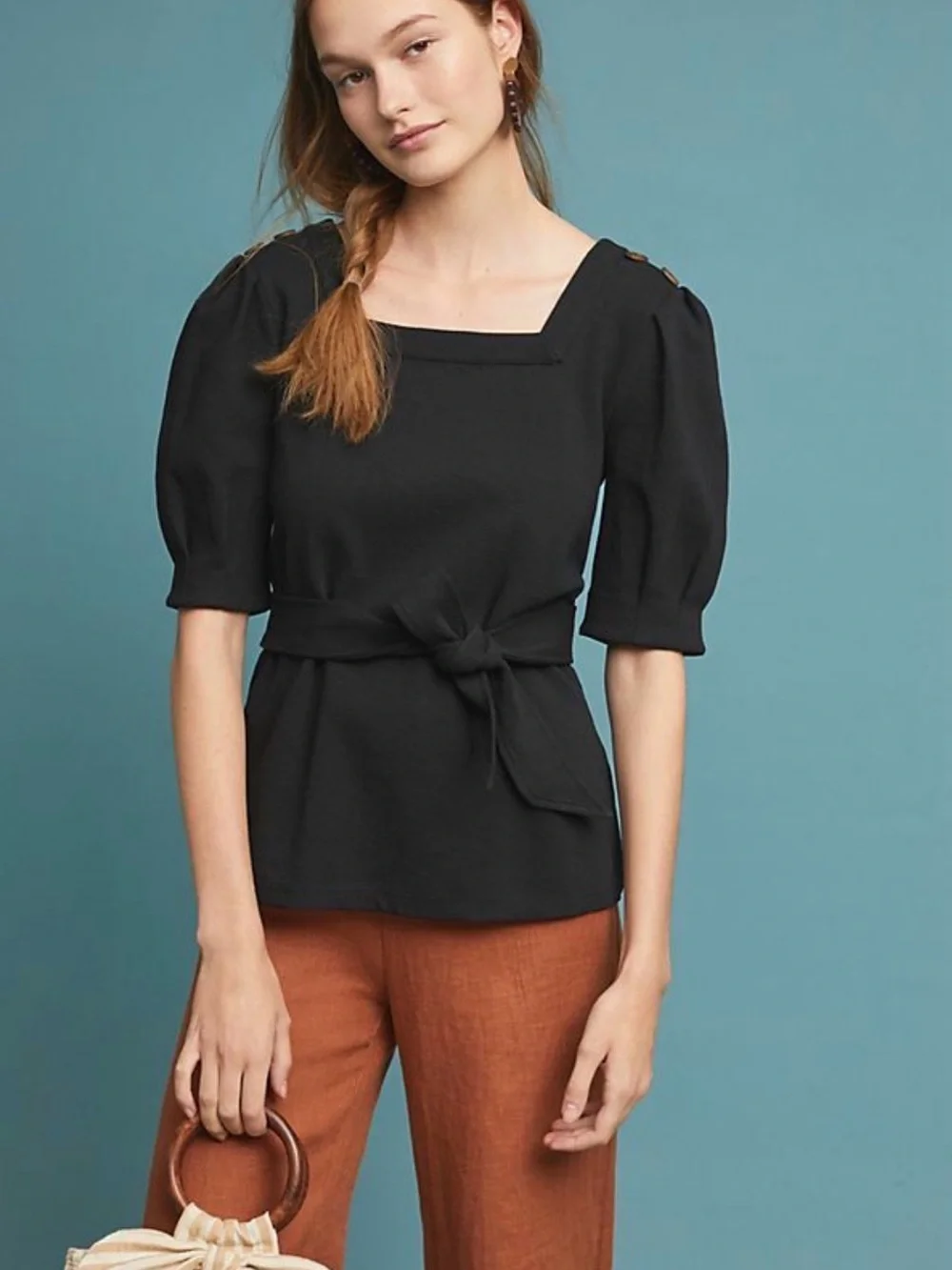 Anthropologie Current Air white Square-Neck Puff Sleeve Tie-Waist Top